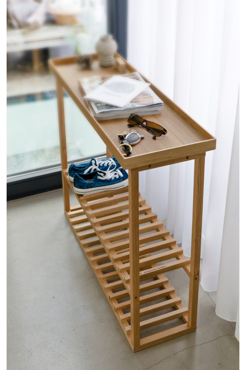 Oak Rectangular Console Table with Storage | Wireworks Hello | Woodfurniture.com