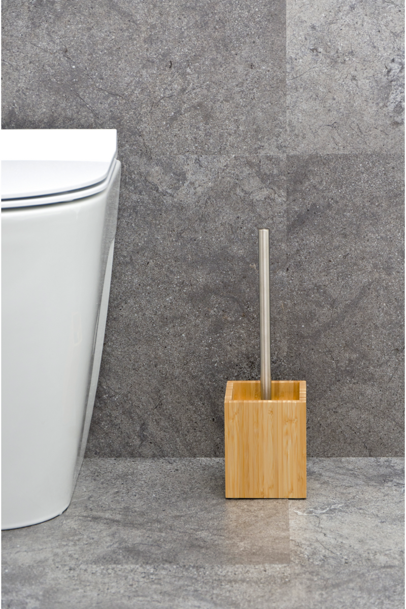 Bamboo Square Toilet Brush Holder Set | Wireworks Cosmos | Woodfurniture.com