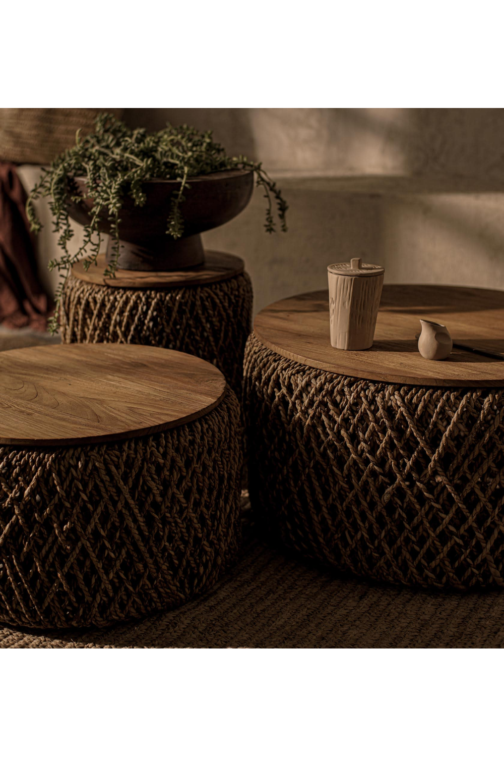 Round Woven Abaca Coffee Table Set (3) | dBodhi Knut | Wood Furniture