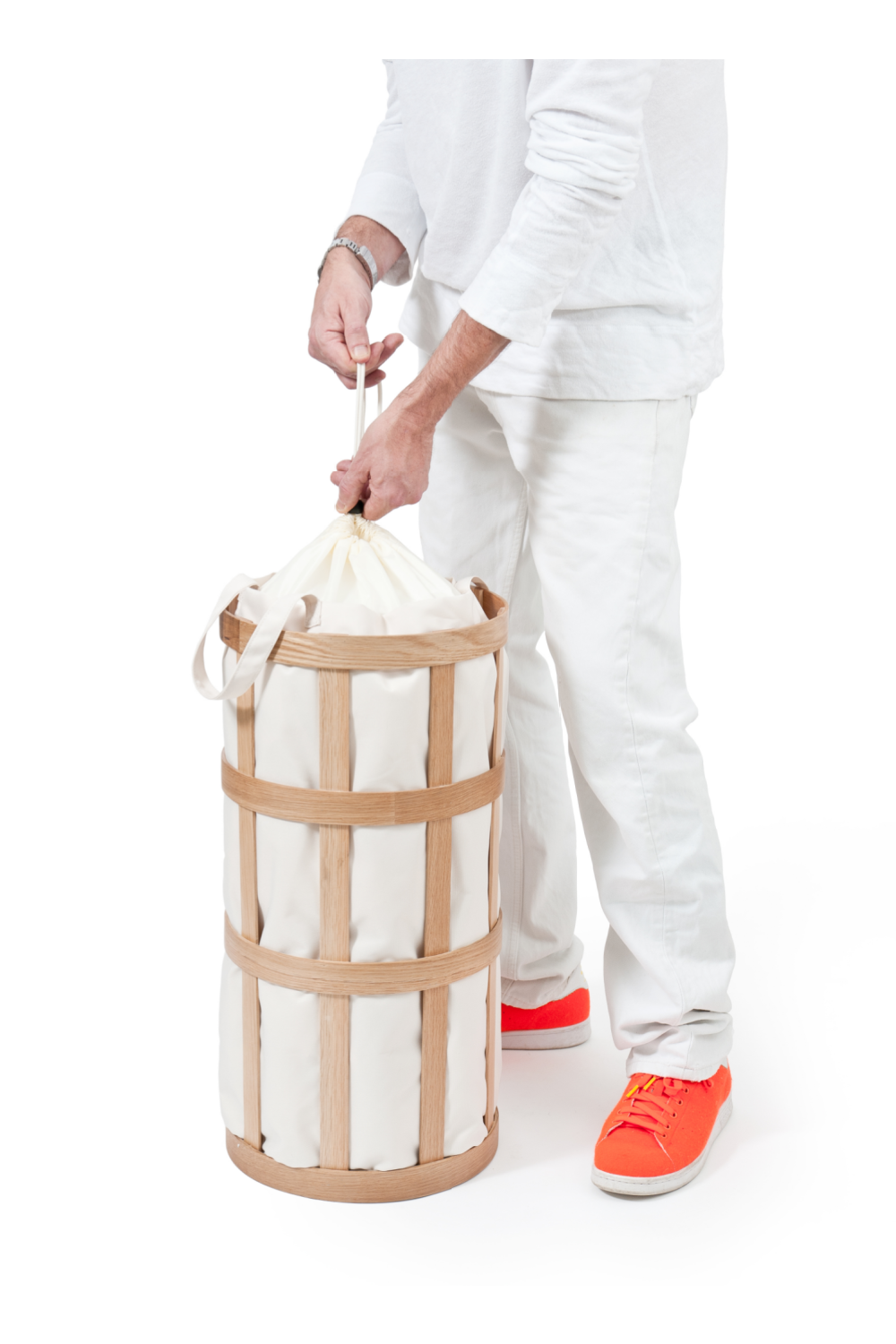 Oak Laundry Basket with Soft White Bag Insert | Wireworks Cage | Woodfurniture.com