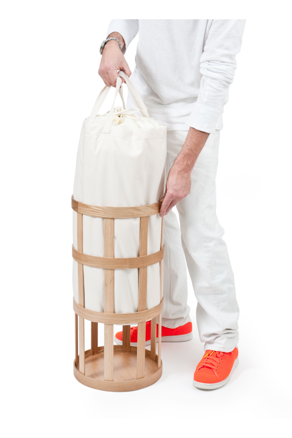 Oak Laundry Basket with Soft White Bag Insert | Wireworks Cage | Woodfurniture.com