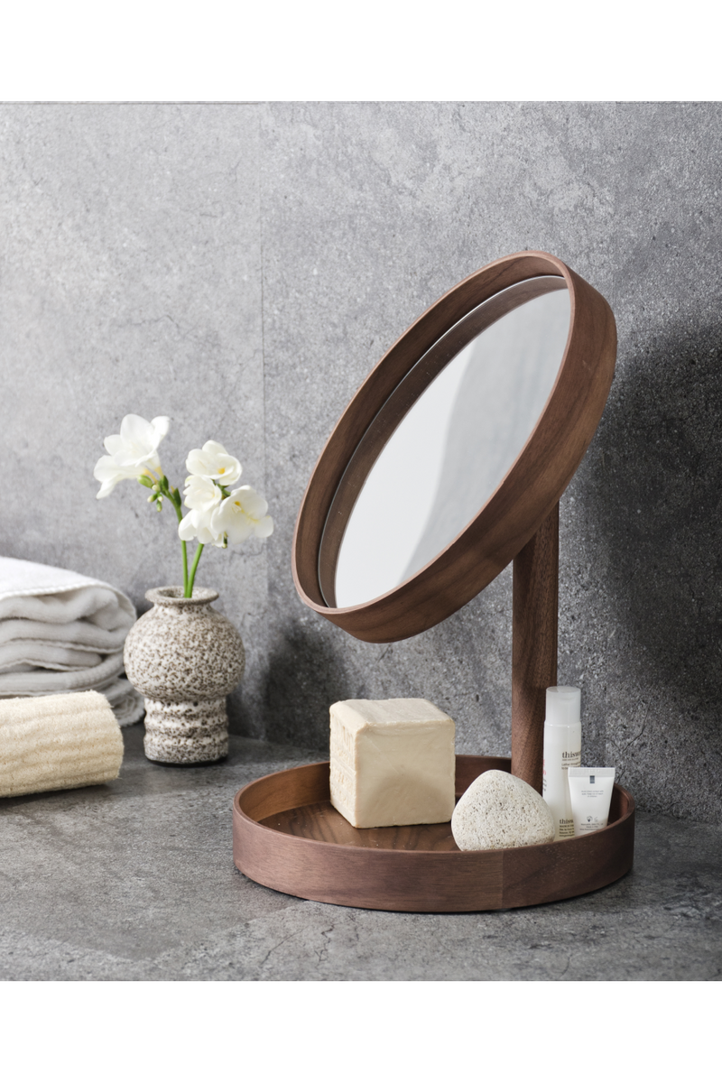 Walnut Magnifying Vanity Mirror with Storage Tray | Wireworks Look | Woodfurniture.com