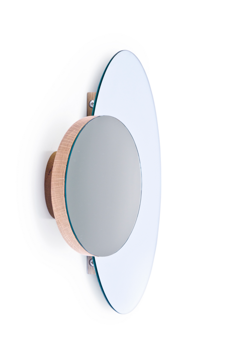 Oak Round Wall Mirror with Fixed Magnifier | Wireworks Eclipse | Woodfurniture.com